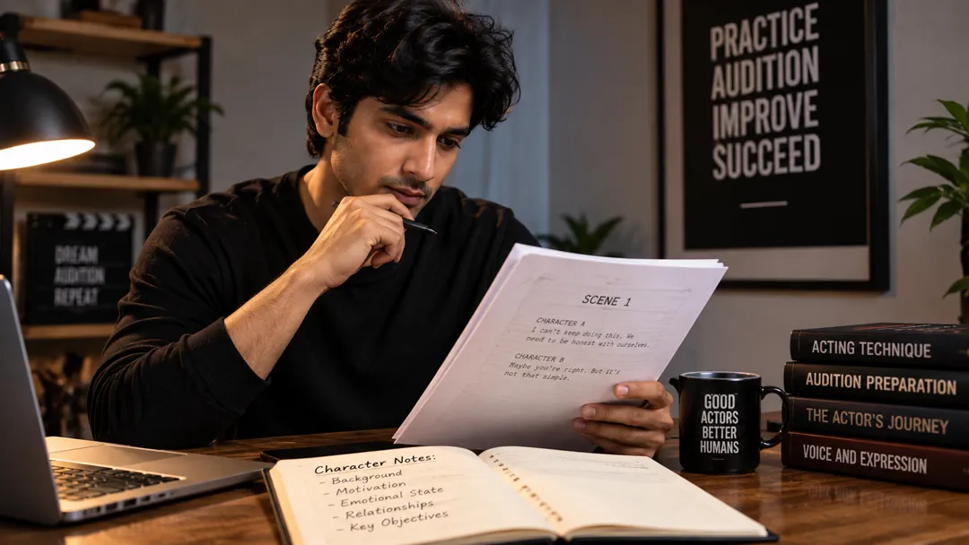 Actor preparing for an acting audition in front of a camera